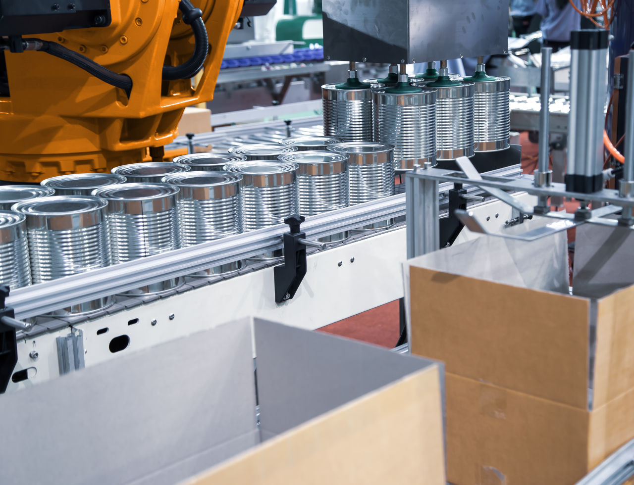Robot lifting food can into cardboard