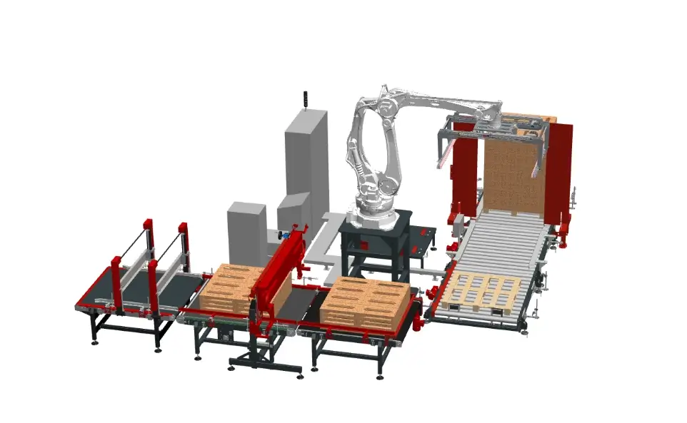 linia paletyzacji drewnianych skrzynek na owoce i warzywa